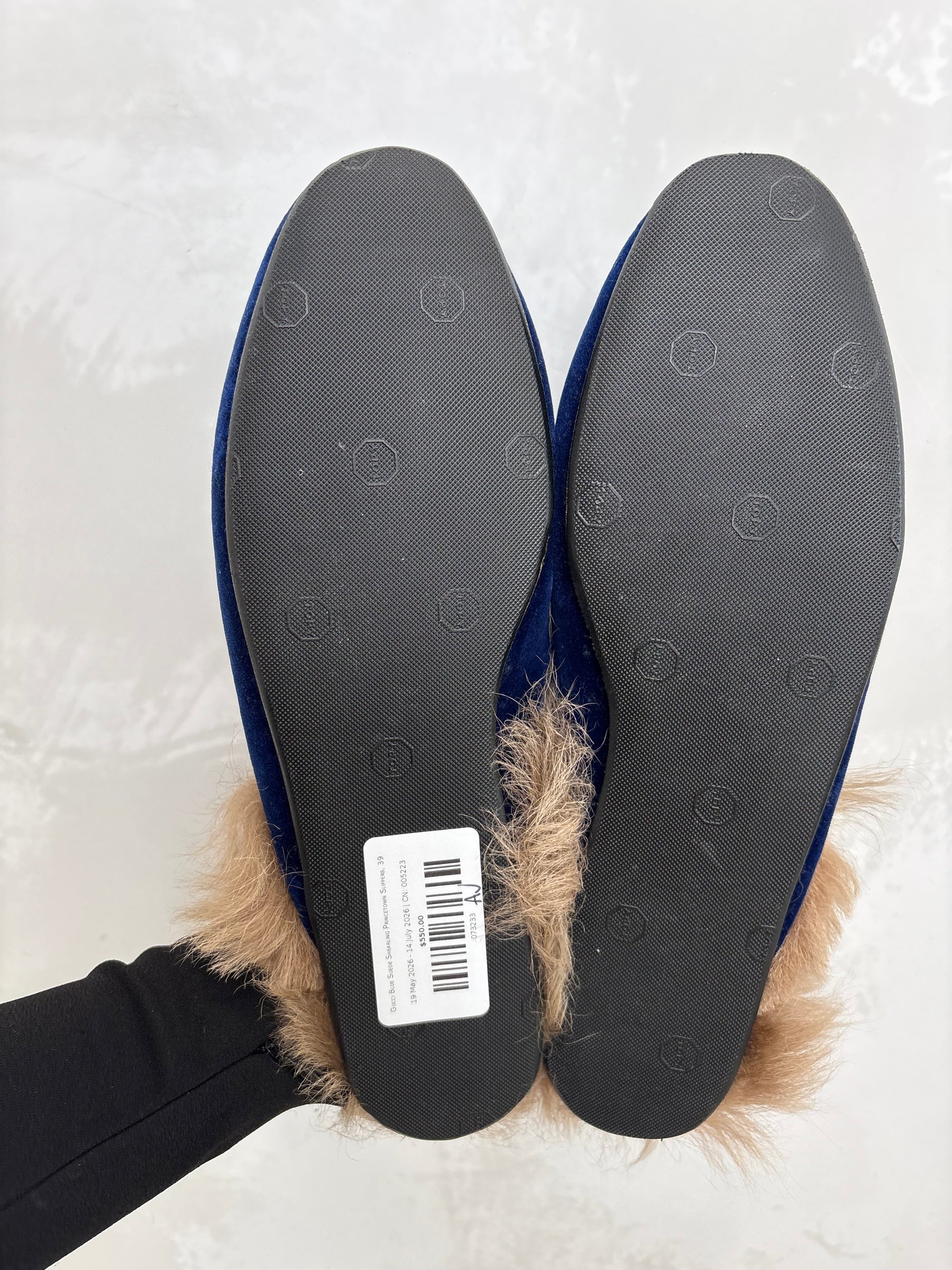 Gucci Blue Suede Shearling Princetown Slippers, 39