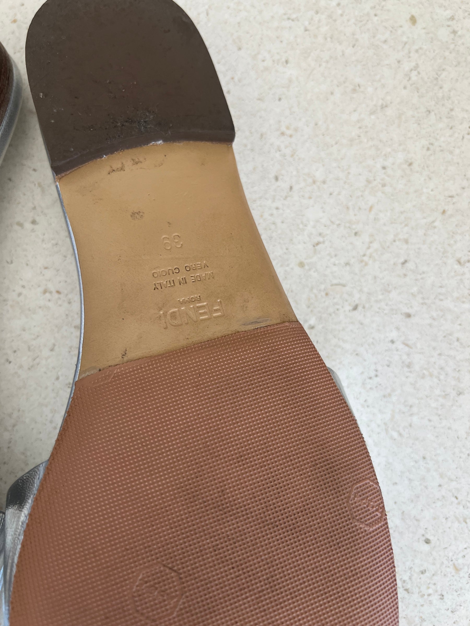 Fendi Baguette Silver Logo Slides, 39