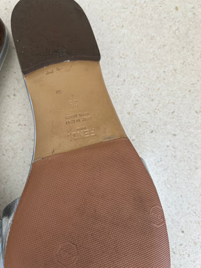 Fendi Baguette Silver Logo Slides, 39