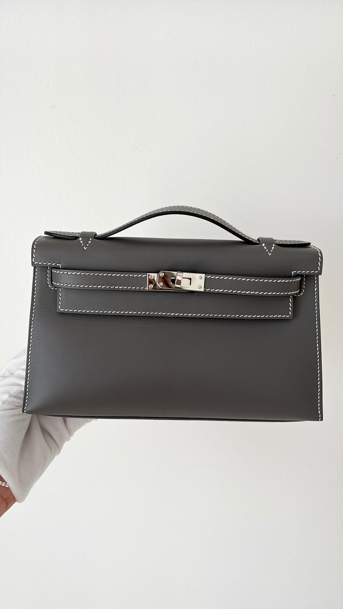 Hermès Kelly Pochette in Gris Meyer Swift Leather with Craie Interior