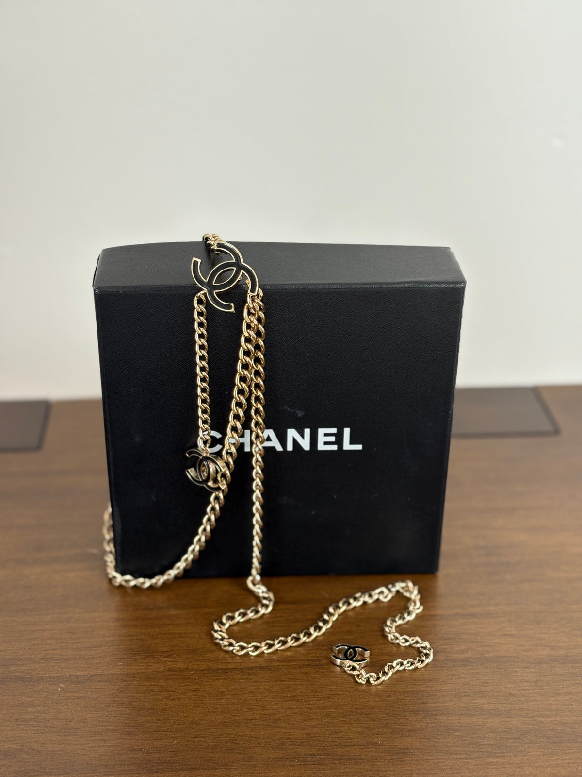 Chanel Gold Tone Chain and Black Enamel Logo Belt
