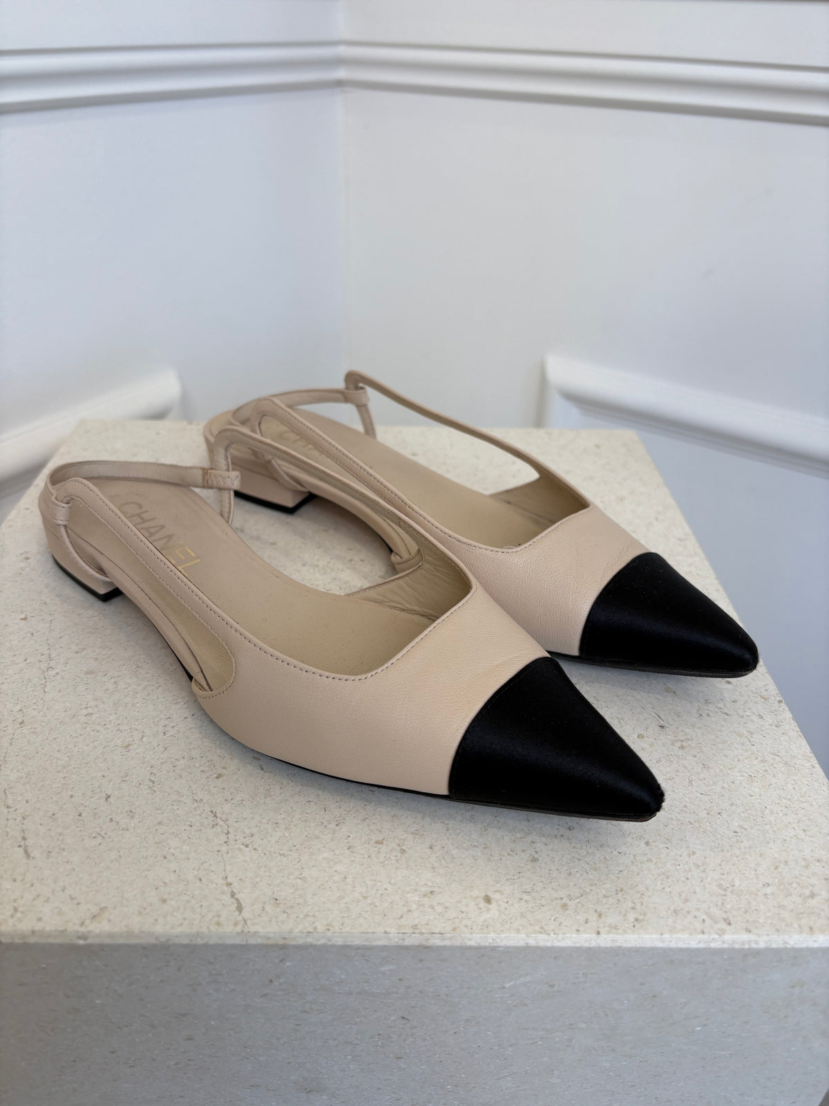 Chanel Light Beige and Black Pointed Slingback Flats, 37.5