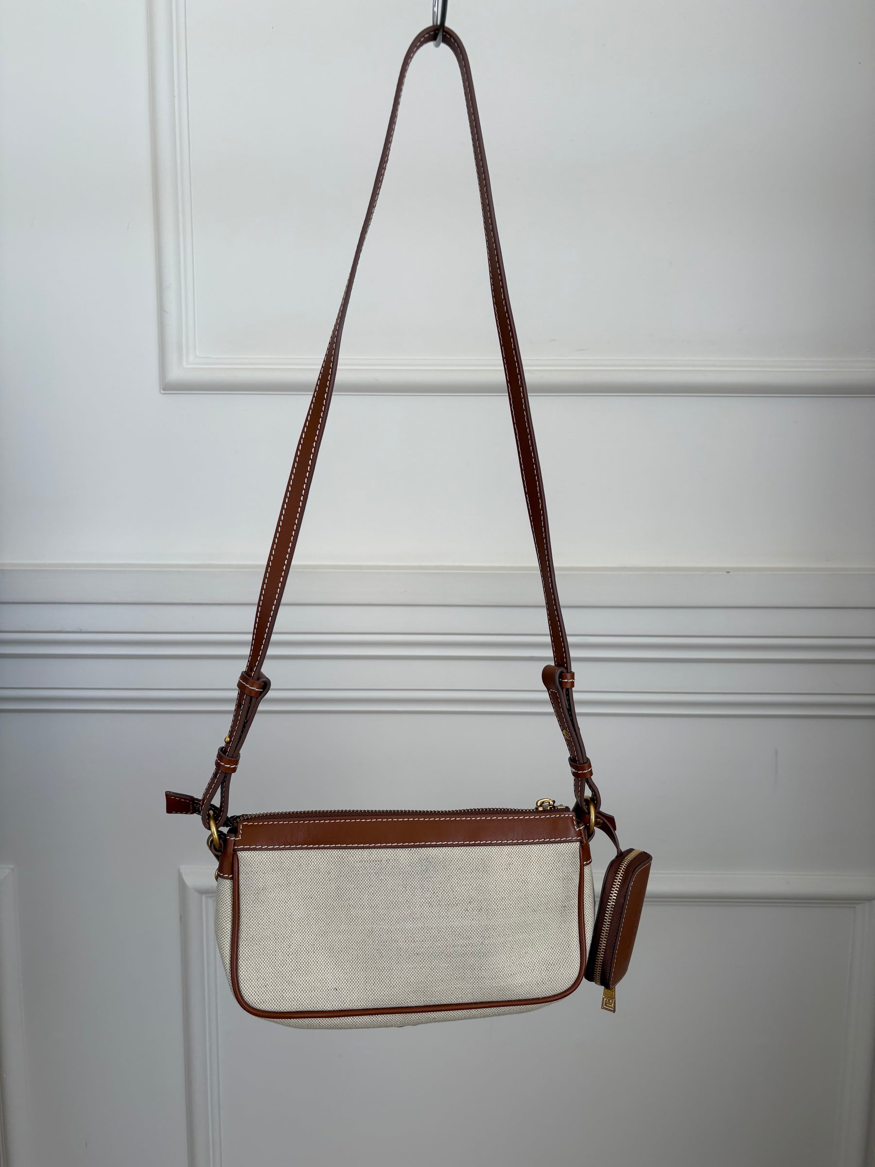 Balmain Tan Leather and Canvas Logo Crossbody bag
