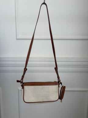 Balmain Tan Leather and Canvas Logo Crossbody bag