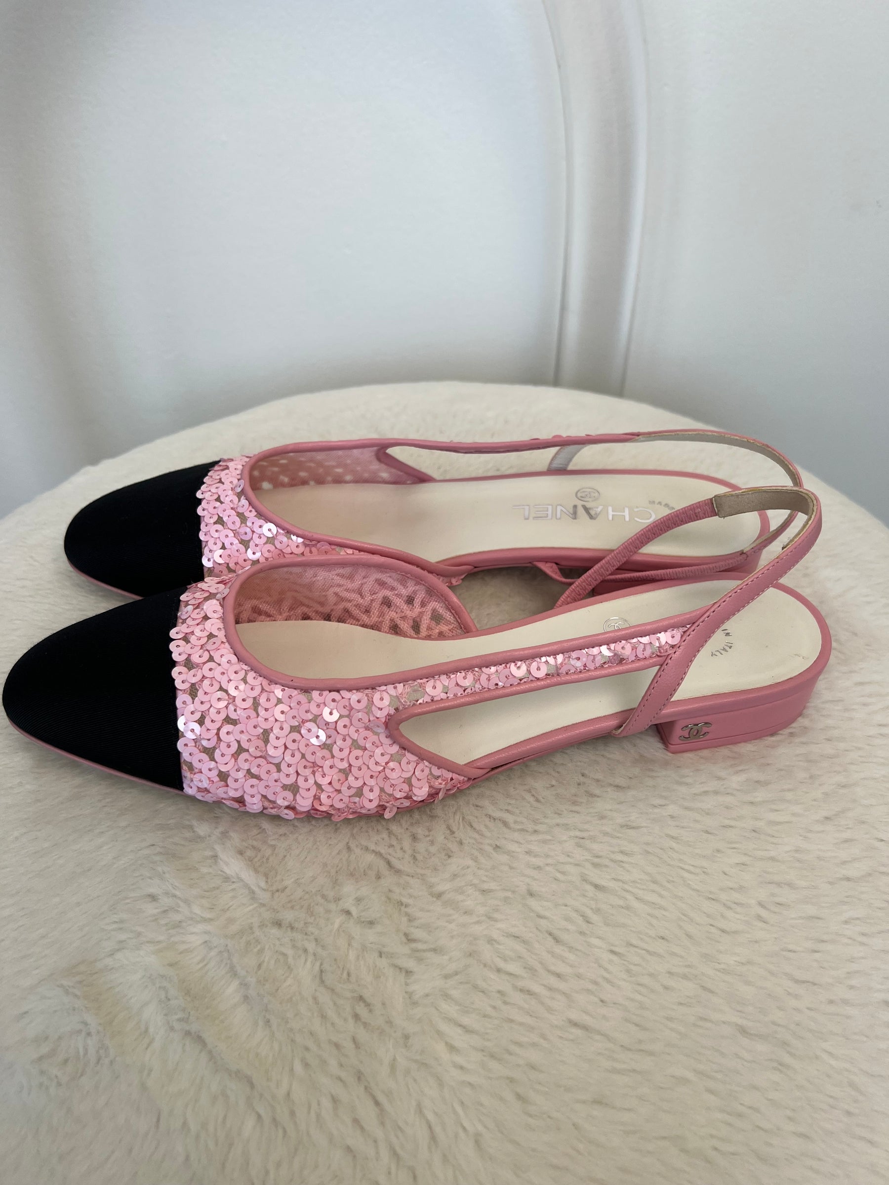 Chanel Pink Sequin Slingback Flats, 40C