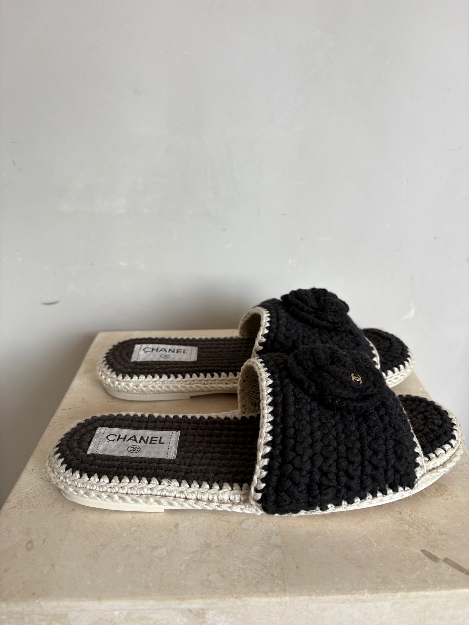 Chanel Black Crochet Camilia Slides Black, 39 C