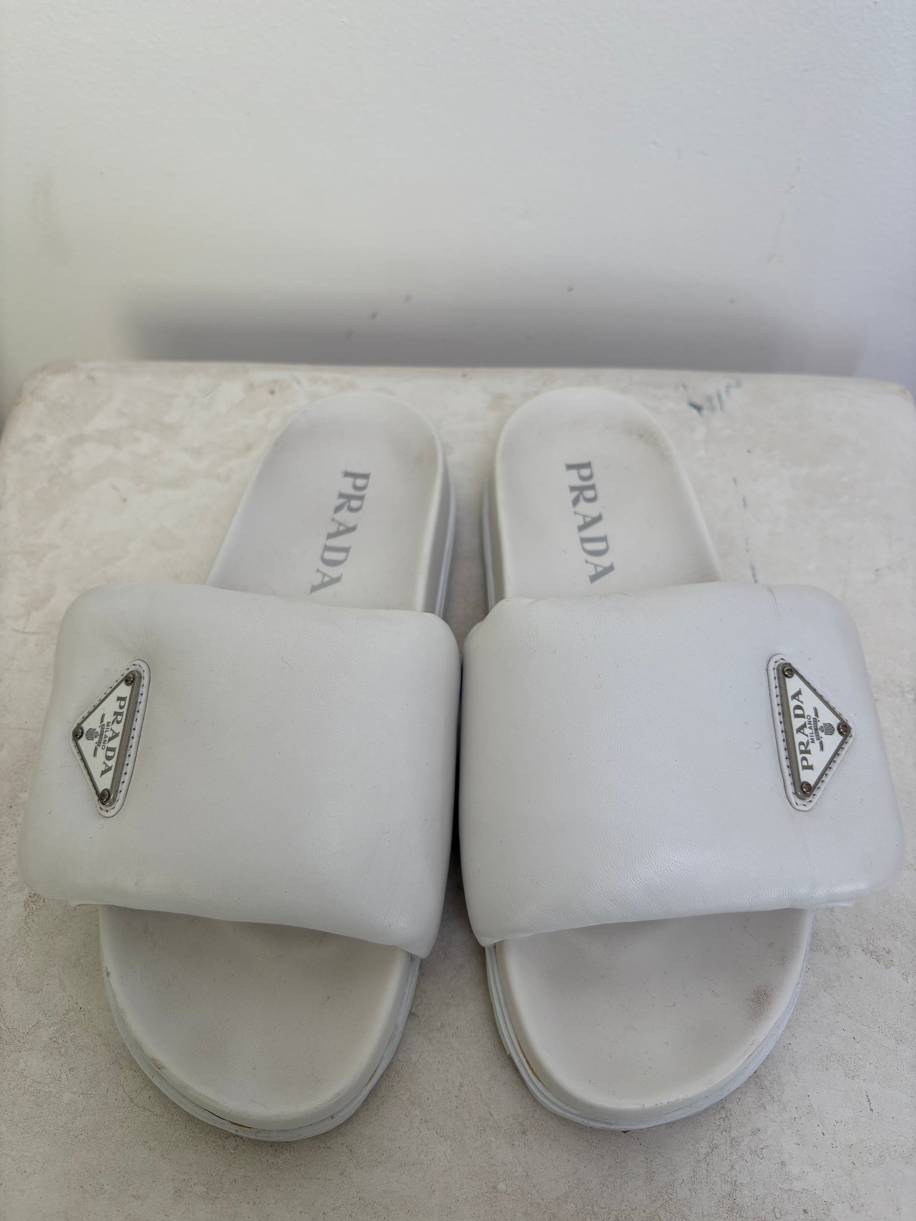 Prada White Padded Slides, 37.5
