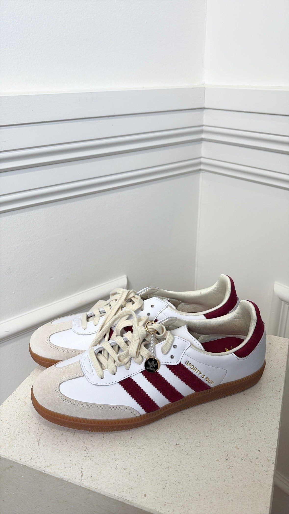 Adidas x Sporty and Rich White Leather and Maroon Samda Sneakers, 8 US