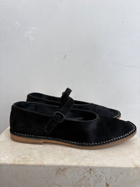 Hereu Black Pony Hair Mary Jane Flats, 37