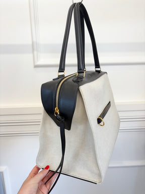 Celine Natural and Black Leather Ring Top Handle Bag