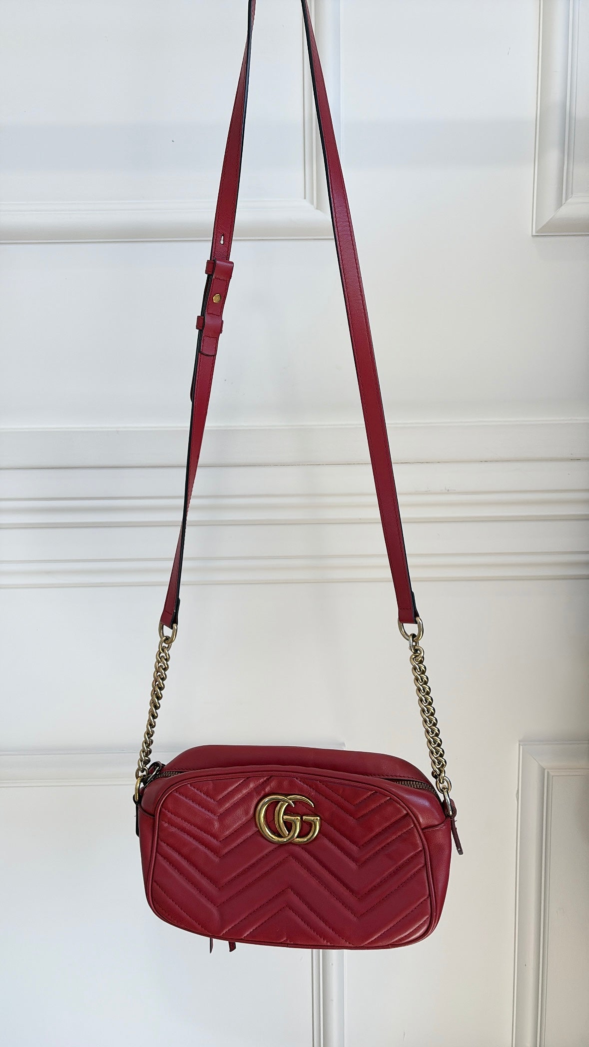 Gucci Red Chevron Quilted Marmont Small Camera Bag