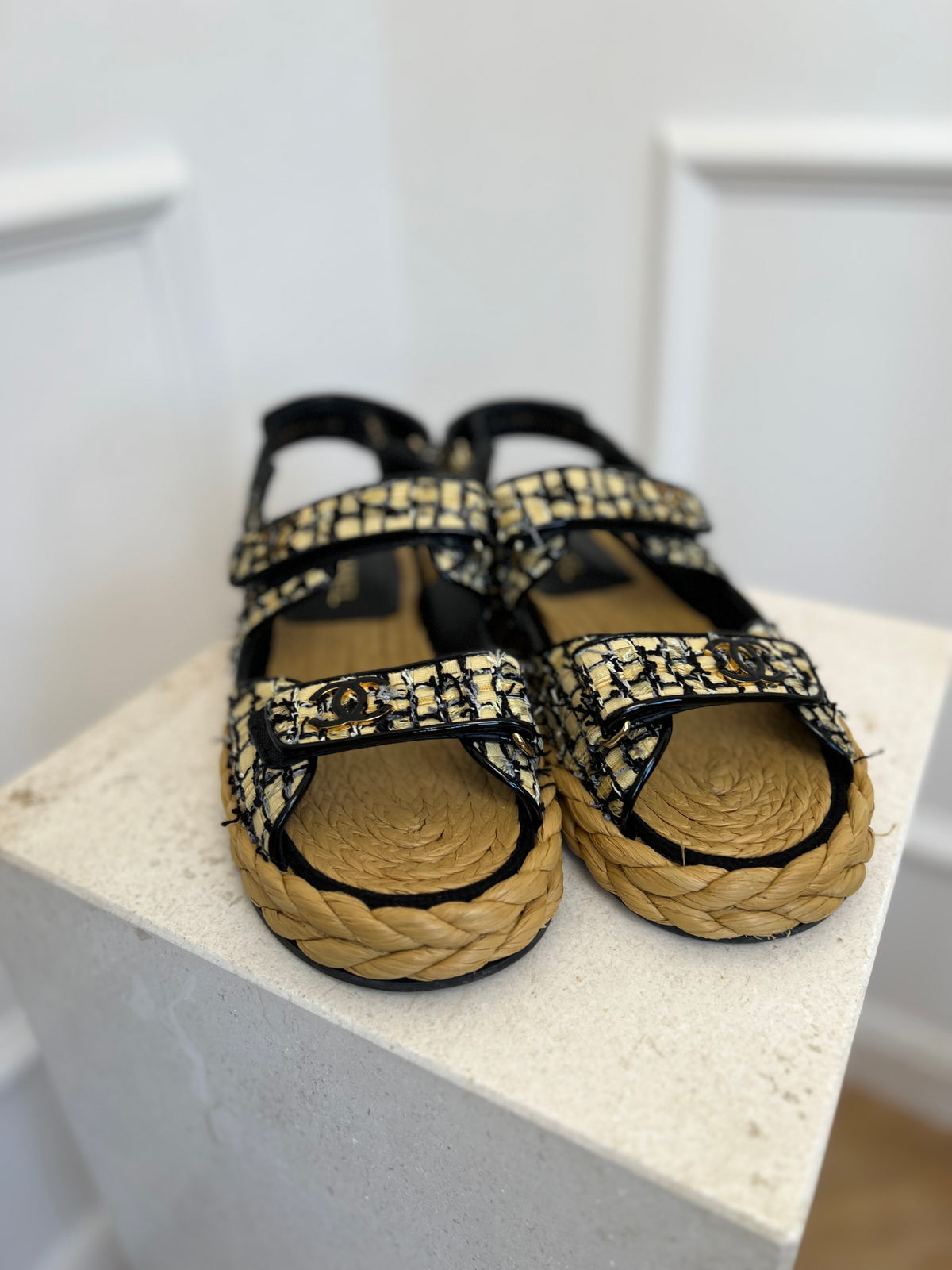Chanel Black and Beige Tweed Espadrille Dad Sandal, 40
