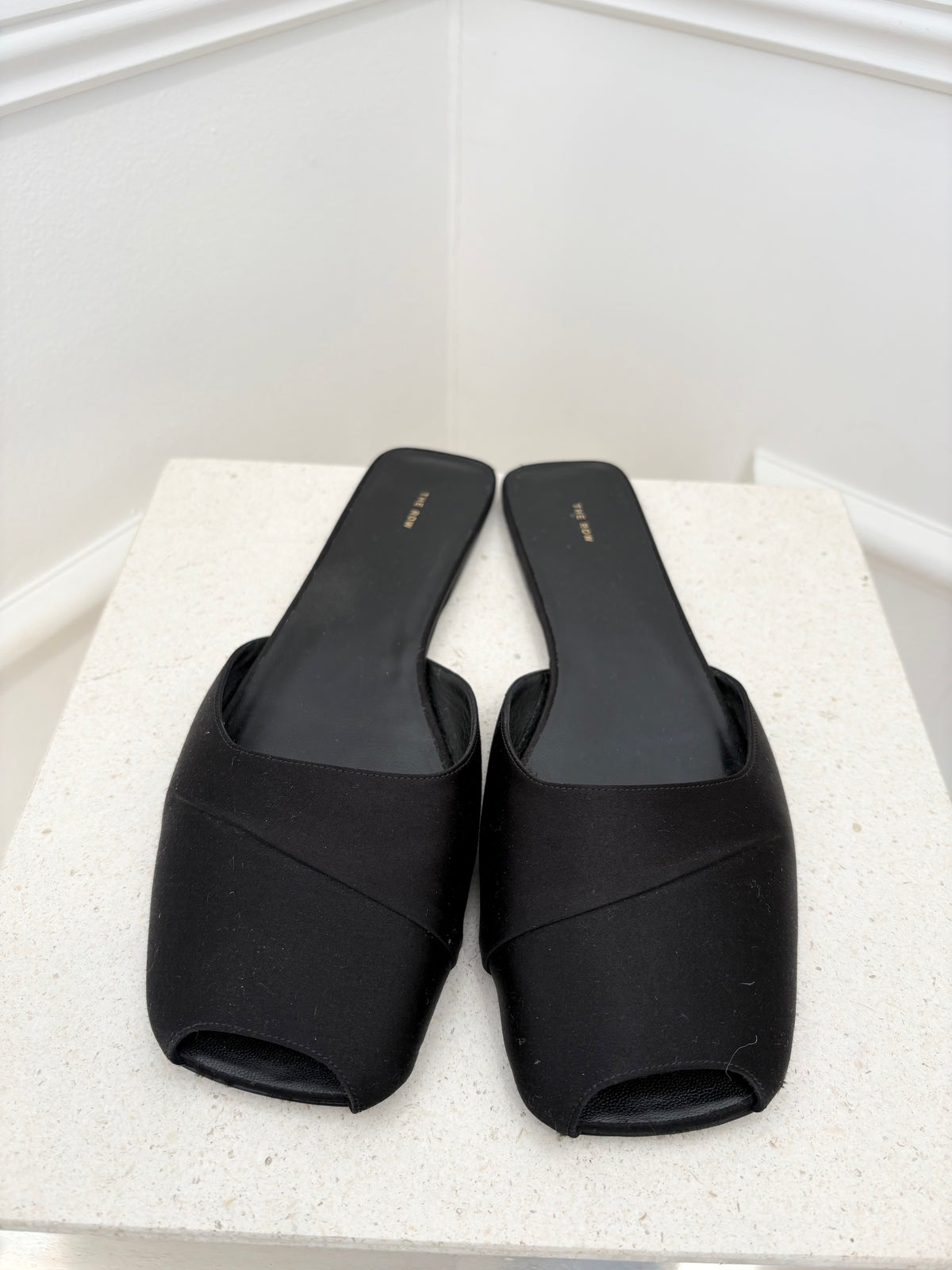 The Row Satin Peep Toe Slides, 41