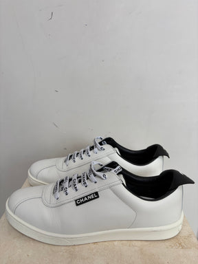 Chanel Uniform White Leather Logo Sneakers, 38.5