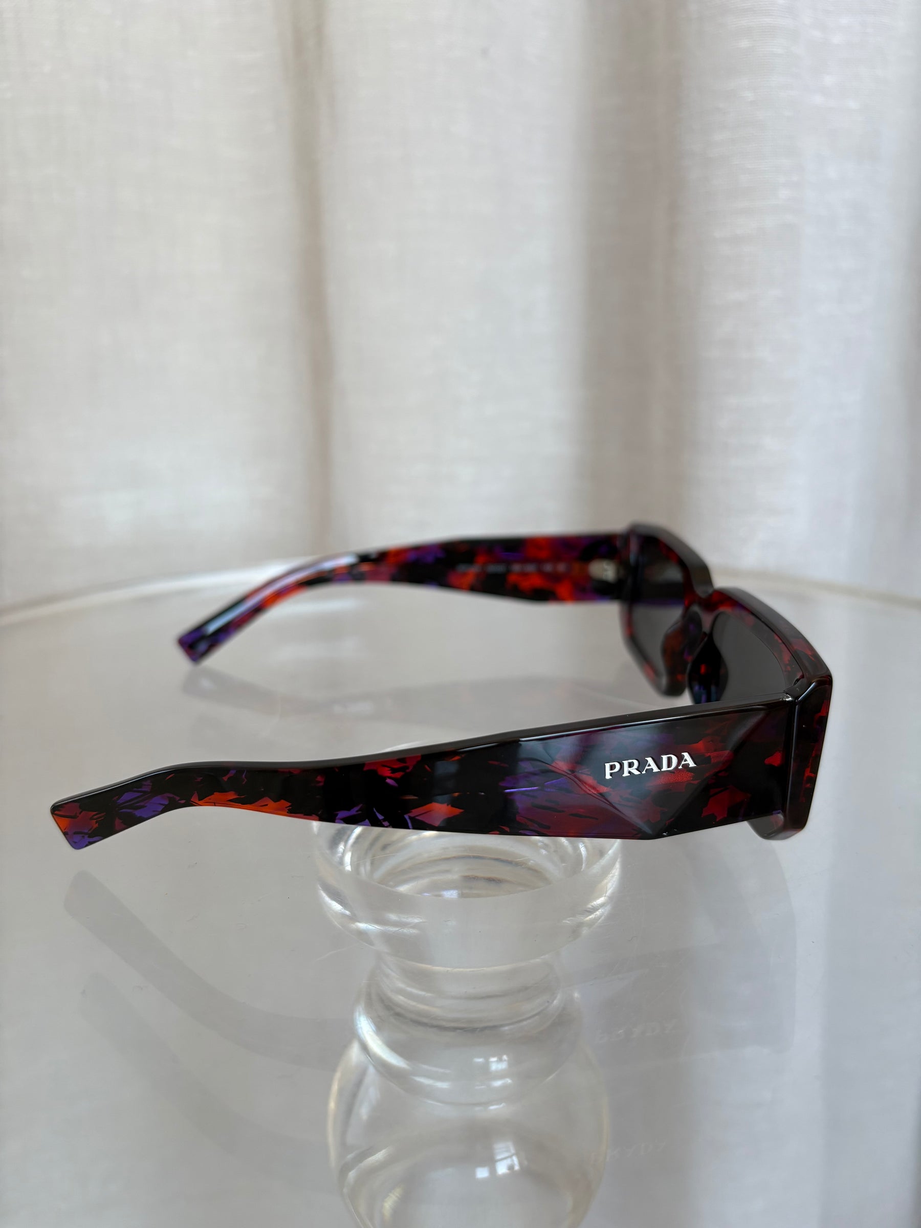 Prada Red and Black Marbled Acetate Rectangular Sunglasses