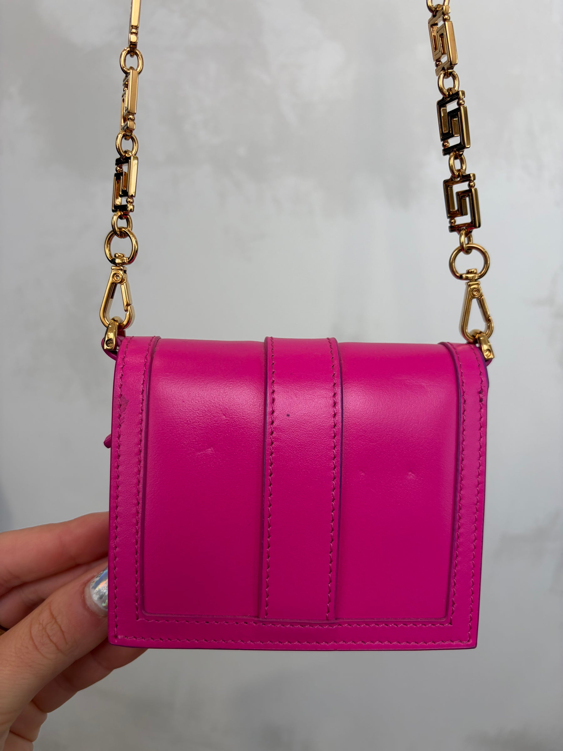 Versace Pink Leather Greca Goddess Chain Mini Wallet