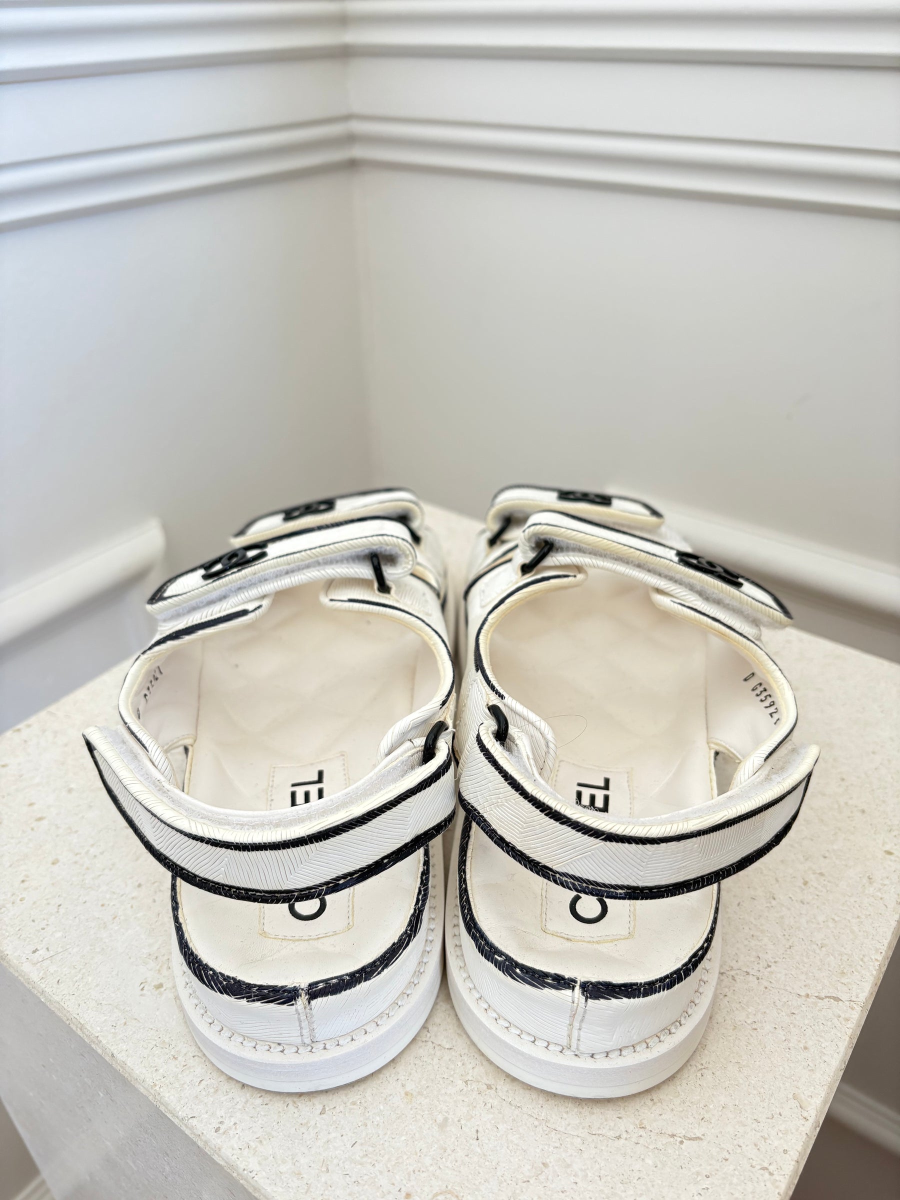 Chanel White and Black Sketch Print Dad Sandals, 37.5
