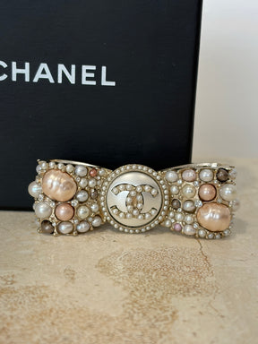 Chanel Gold Tone Pearl Encrusted Bow Brooch