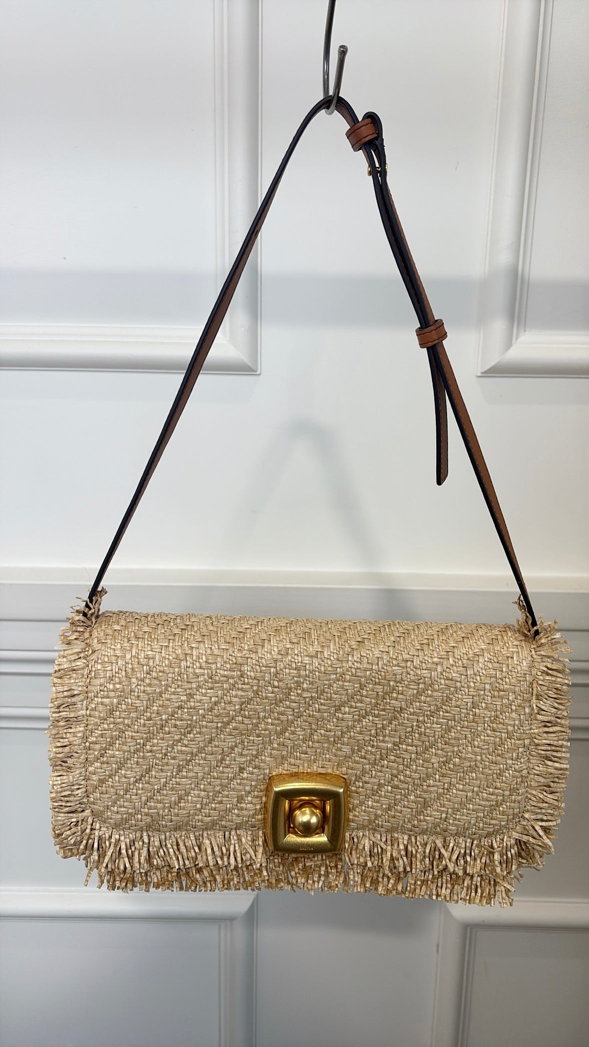 Oroton Raffia and Tan Leather Flap Bag