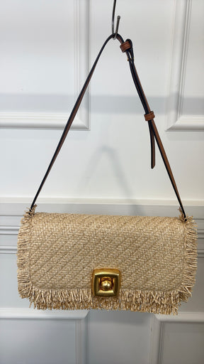 Oroton Raffia and Tan Leather Flap Bag