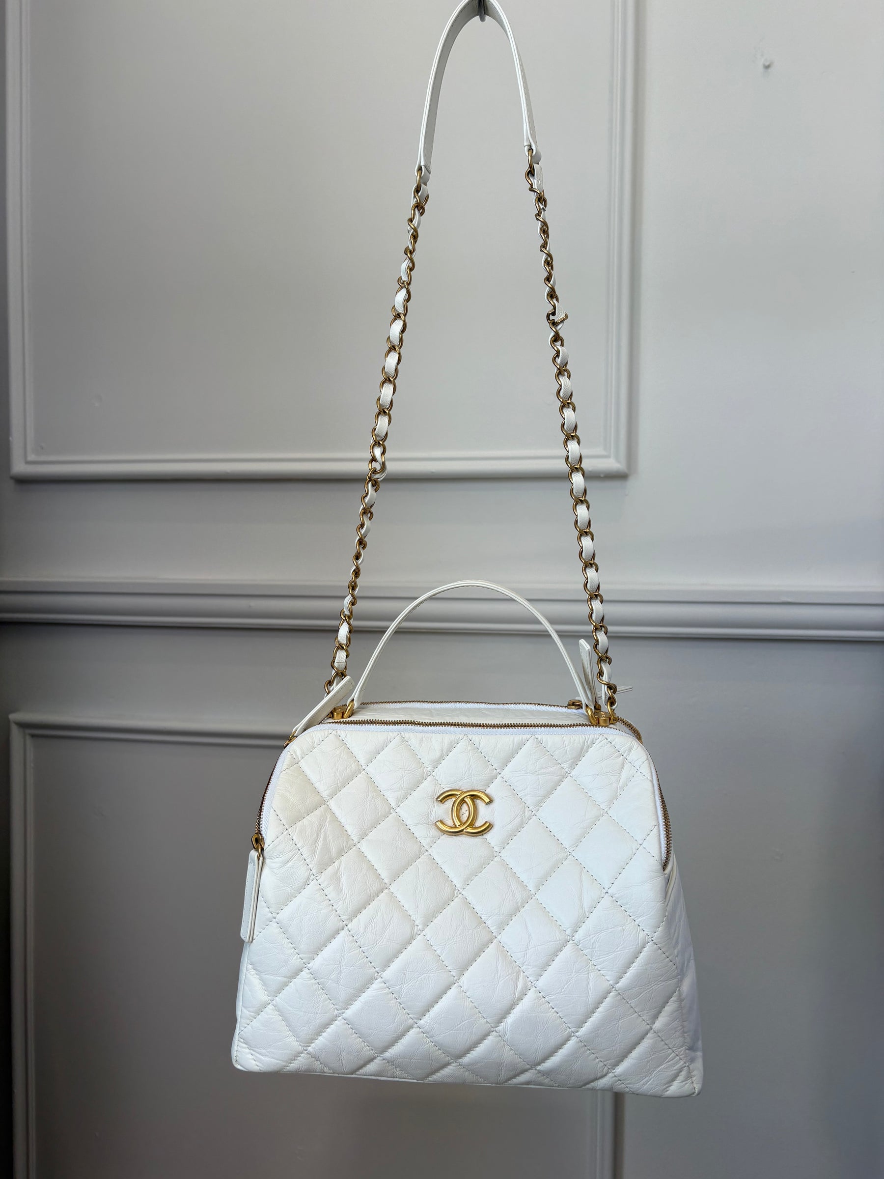 Chanel White Lambskin Leather Retro Spirit Bowling Bag