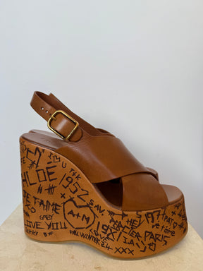 Chloé Tan Leather Maxime Platform Wedges, 38