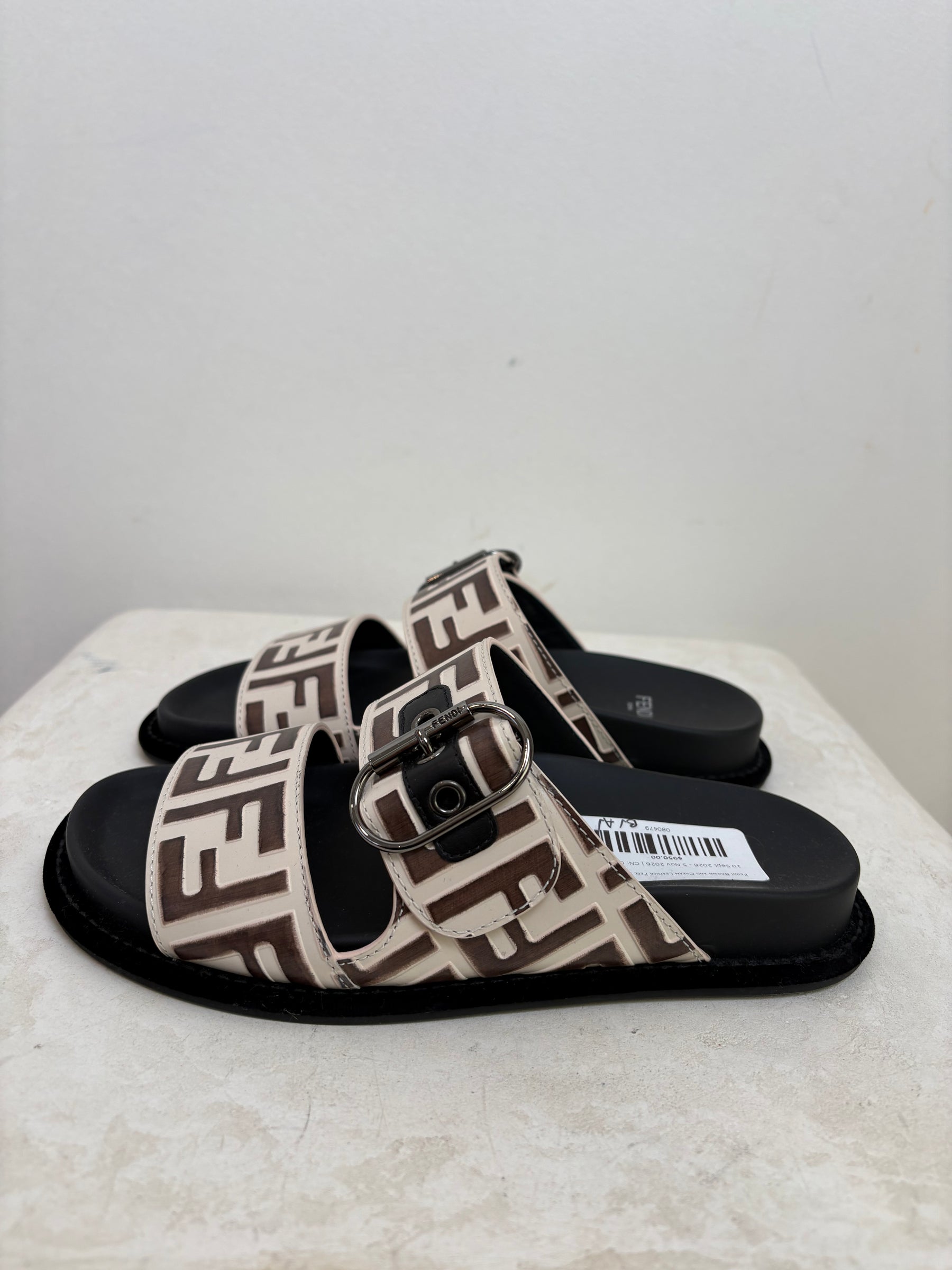 Fendi Brown and Cream Leather Feel Slides, 36