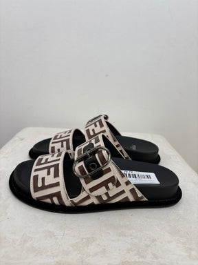 Fendi Brown and Cream Leather Feel Slides, 36