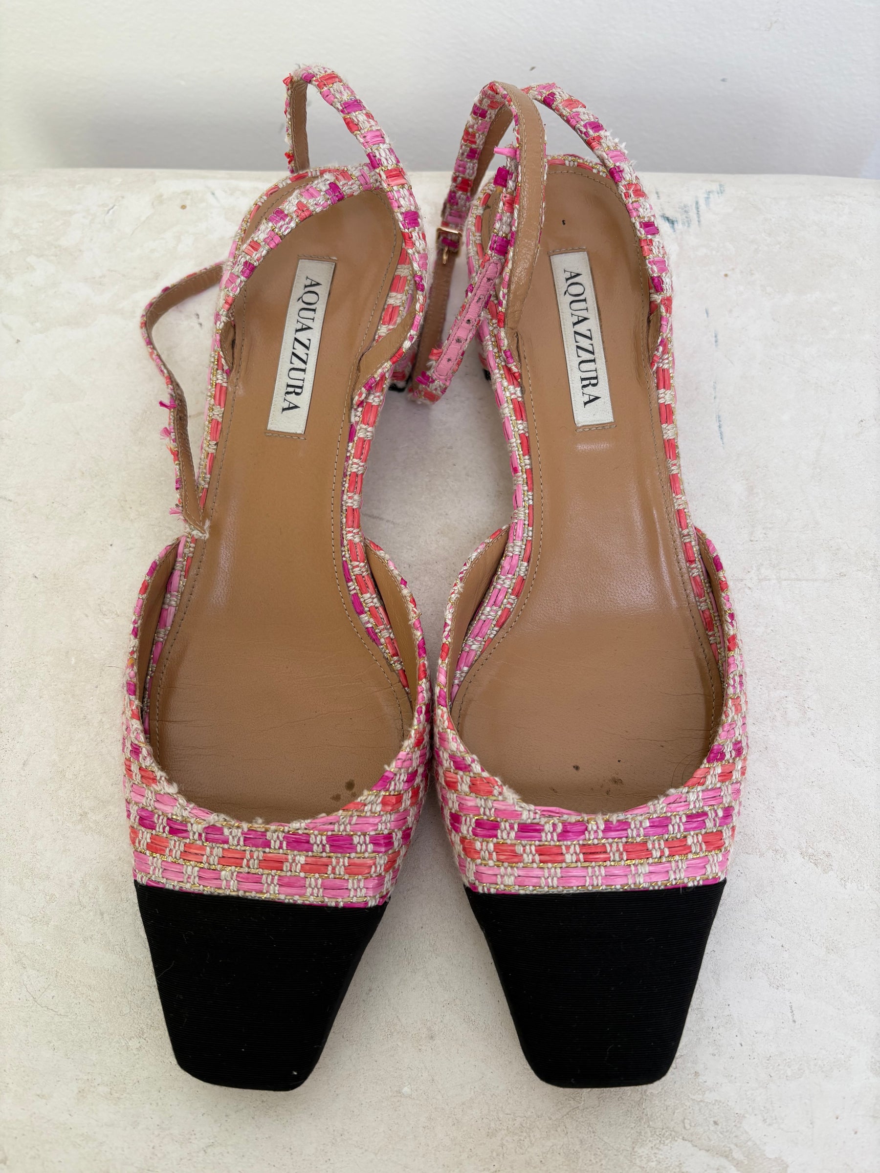 Aquazzura Pink Raffia Tweed Slingbacks, 41