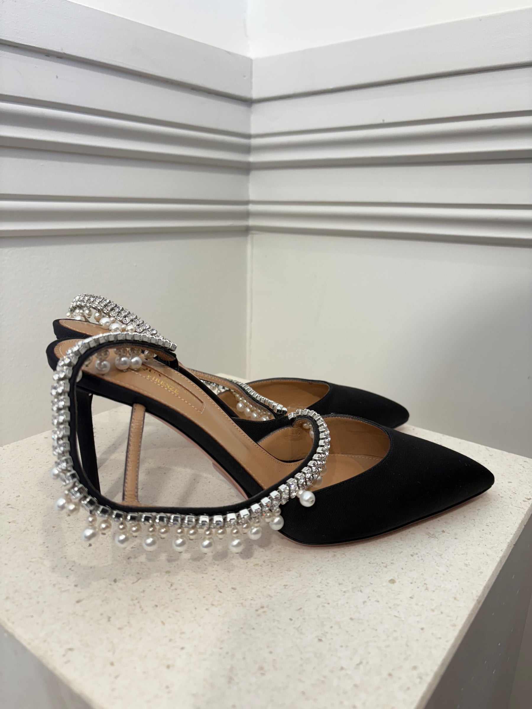 Aquazzura Black Grosgrain Pointed Pearl and Crystal Slingback Pumps, 38