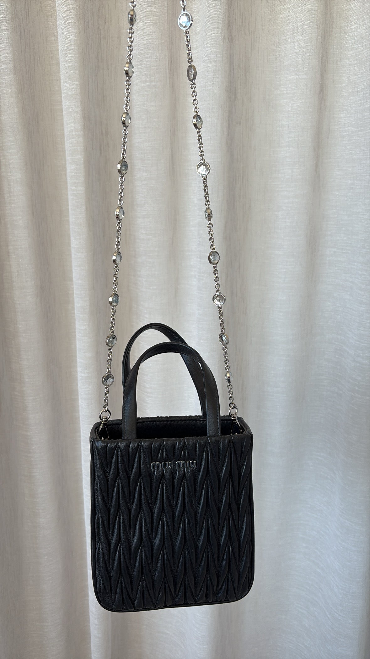 Miu Miu Black Matelasse Mini Crystal Chain Tote Bag