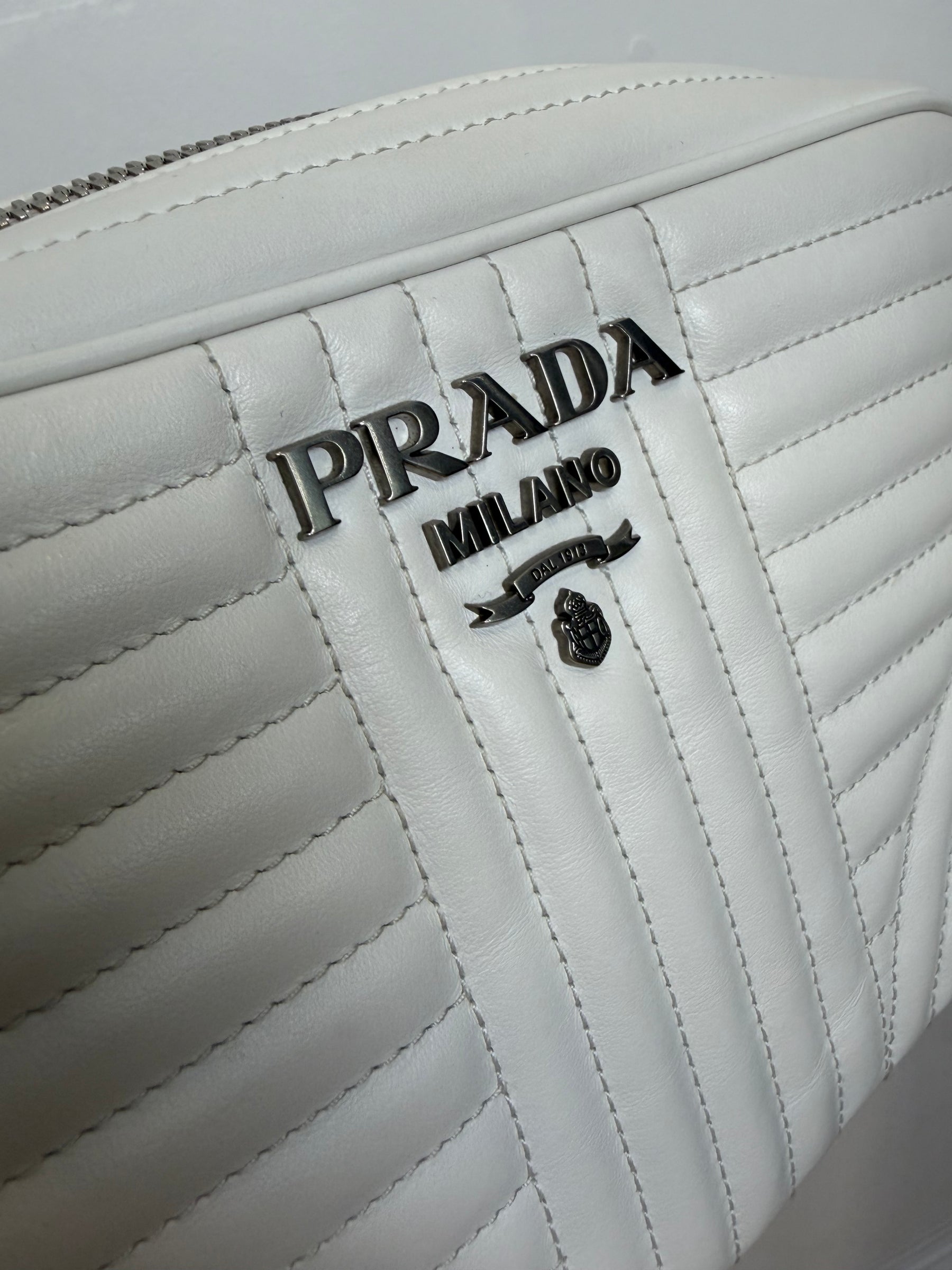 Prada White Leather Quilted Diagramme Camera Bag