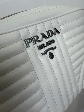 Prada White Leather Quilted Diagramme Camera Bag