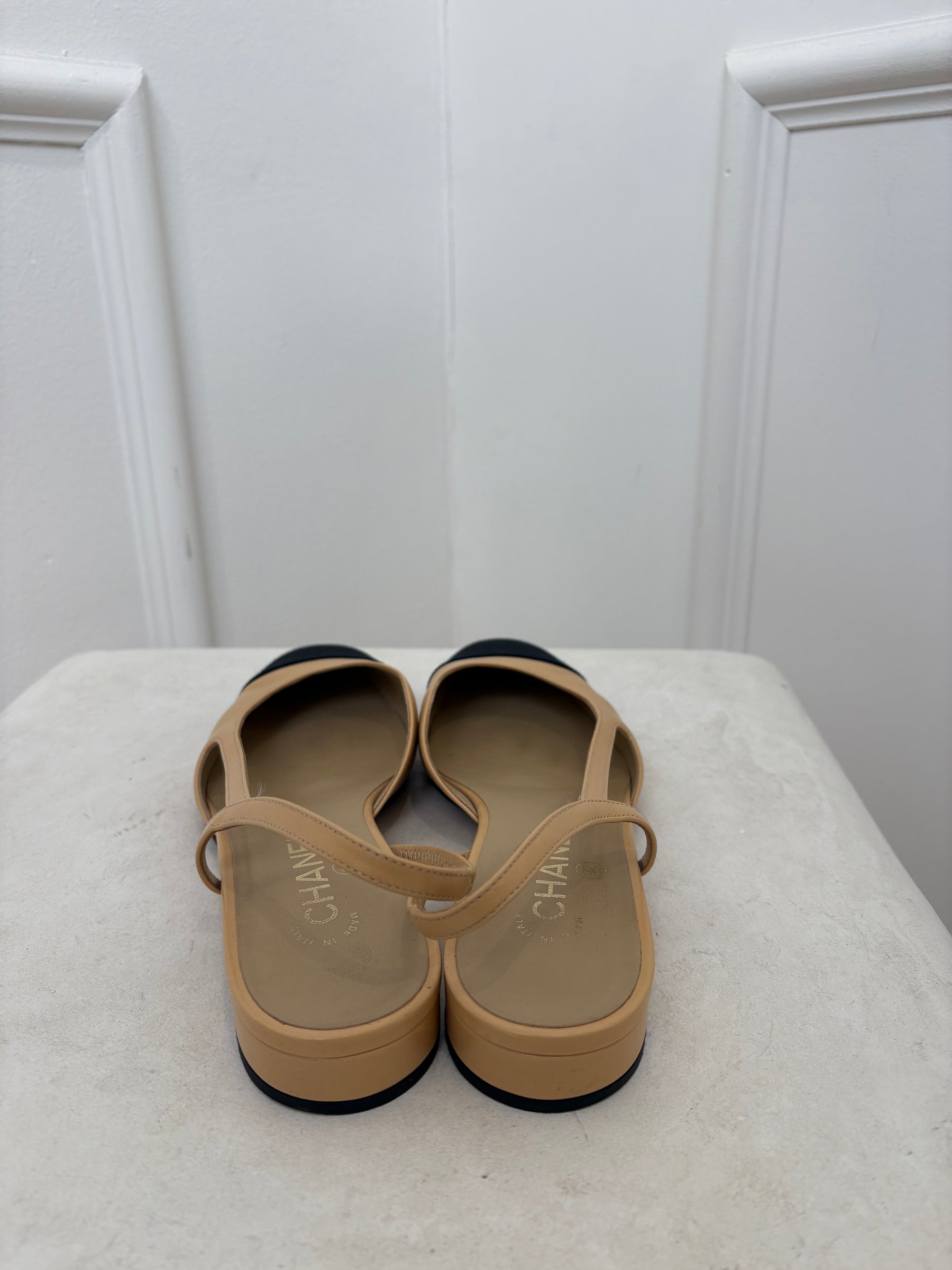 Chanel Beige and Black Slingback Flats, 38.5 C