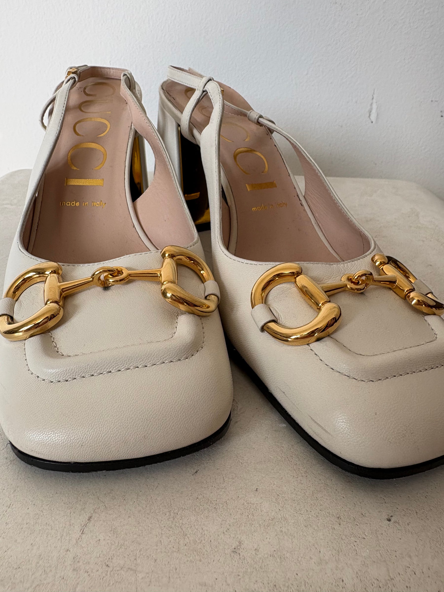 Gucci White Horsebit Slingback Block Heel Pumps, 39