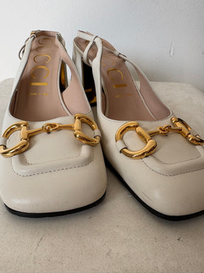 Gucci White Horsebit Slingback Block Heel Pumps, 39