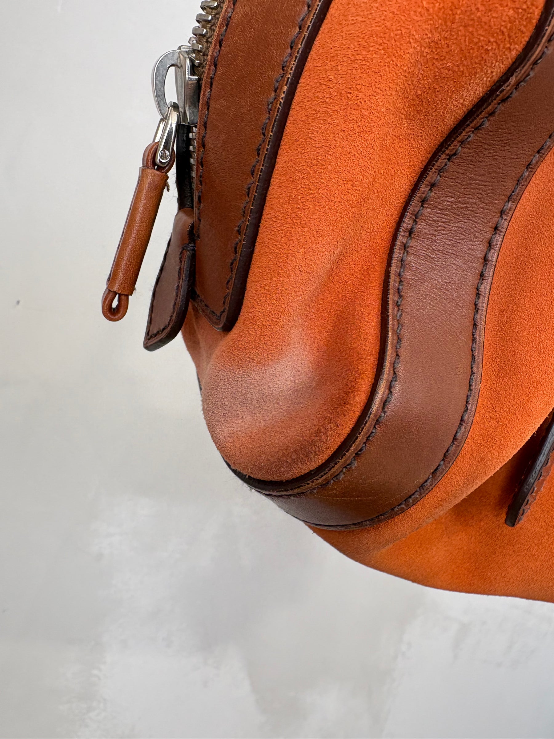 Prada Orange Suede and Brown Leather Bowling Bag