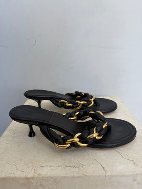 Bottega Veneta Black Leather Braided Chain Thong Heels, 37.5