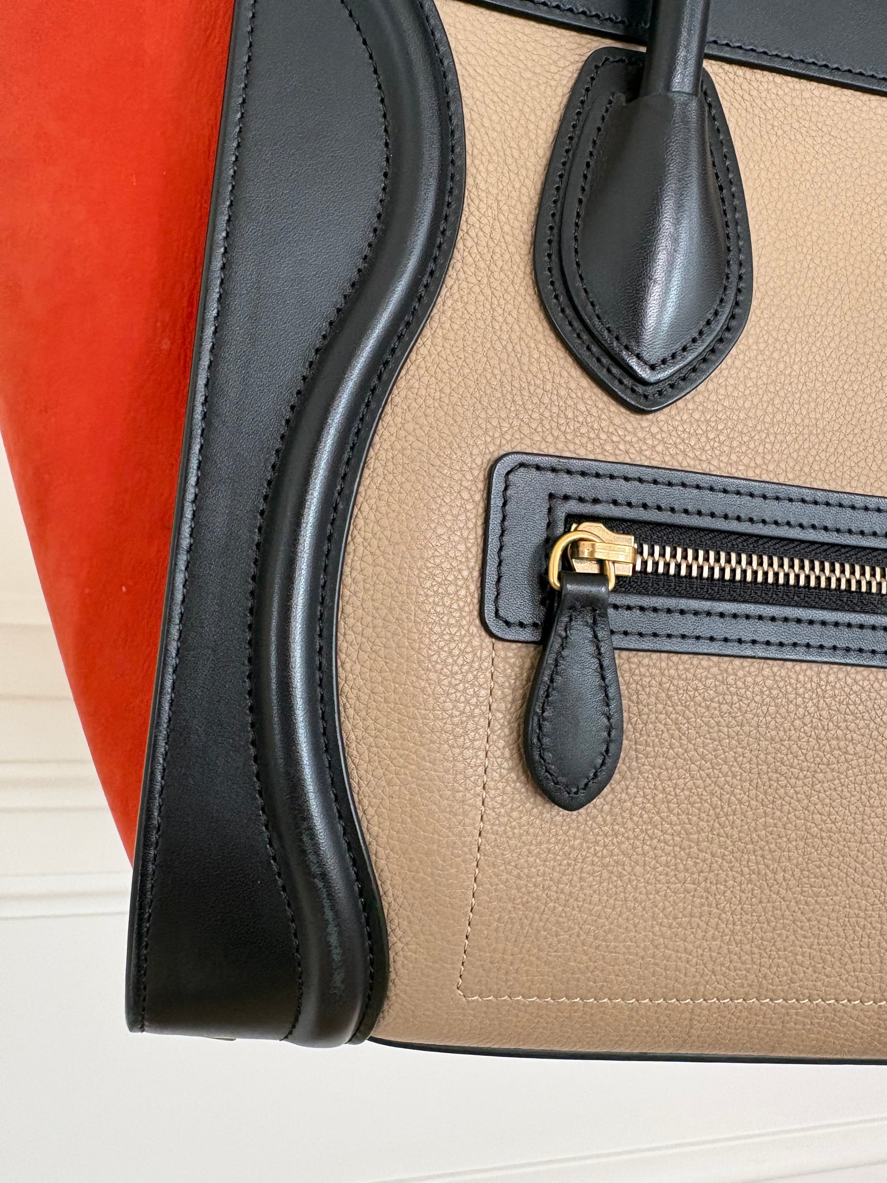 Celine Beige, Black and Red Leather and Suede Luggage Bag