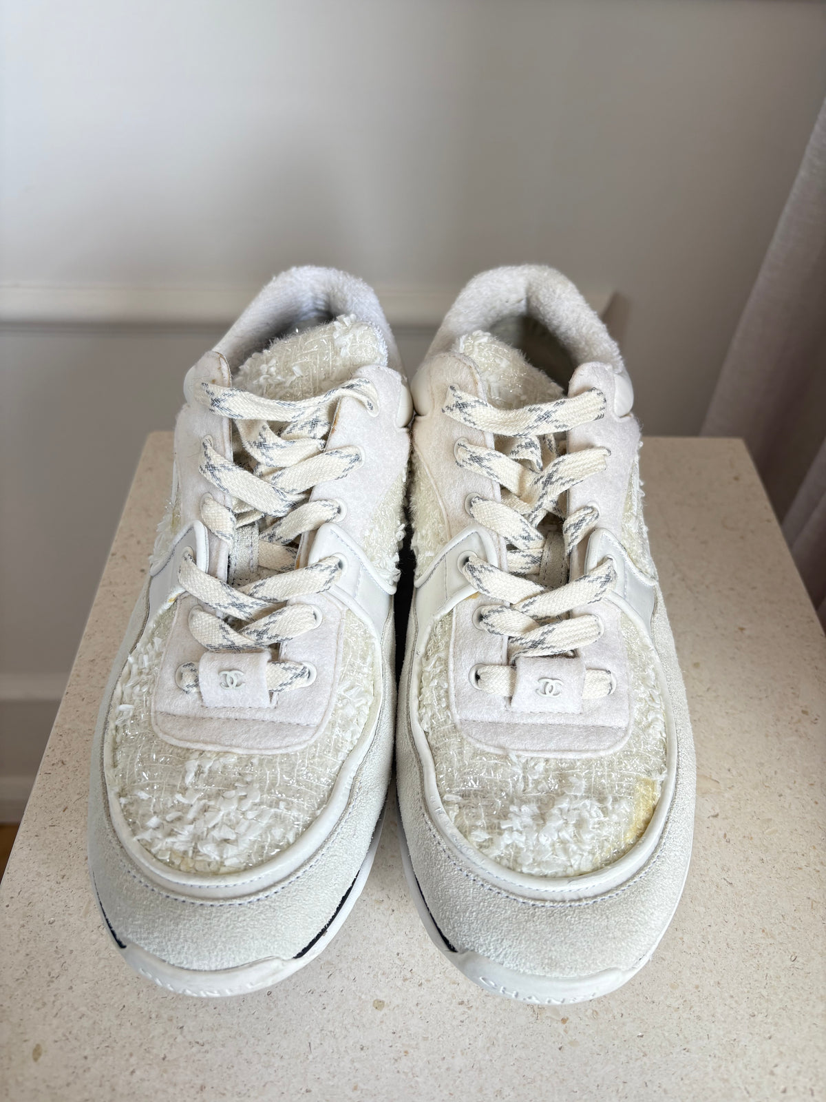 Chanel White Suede and Tweed Logo Sneakers, 38.5