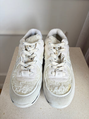 Chanel White Suede and Tweed Logo Sneakers, 38.5