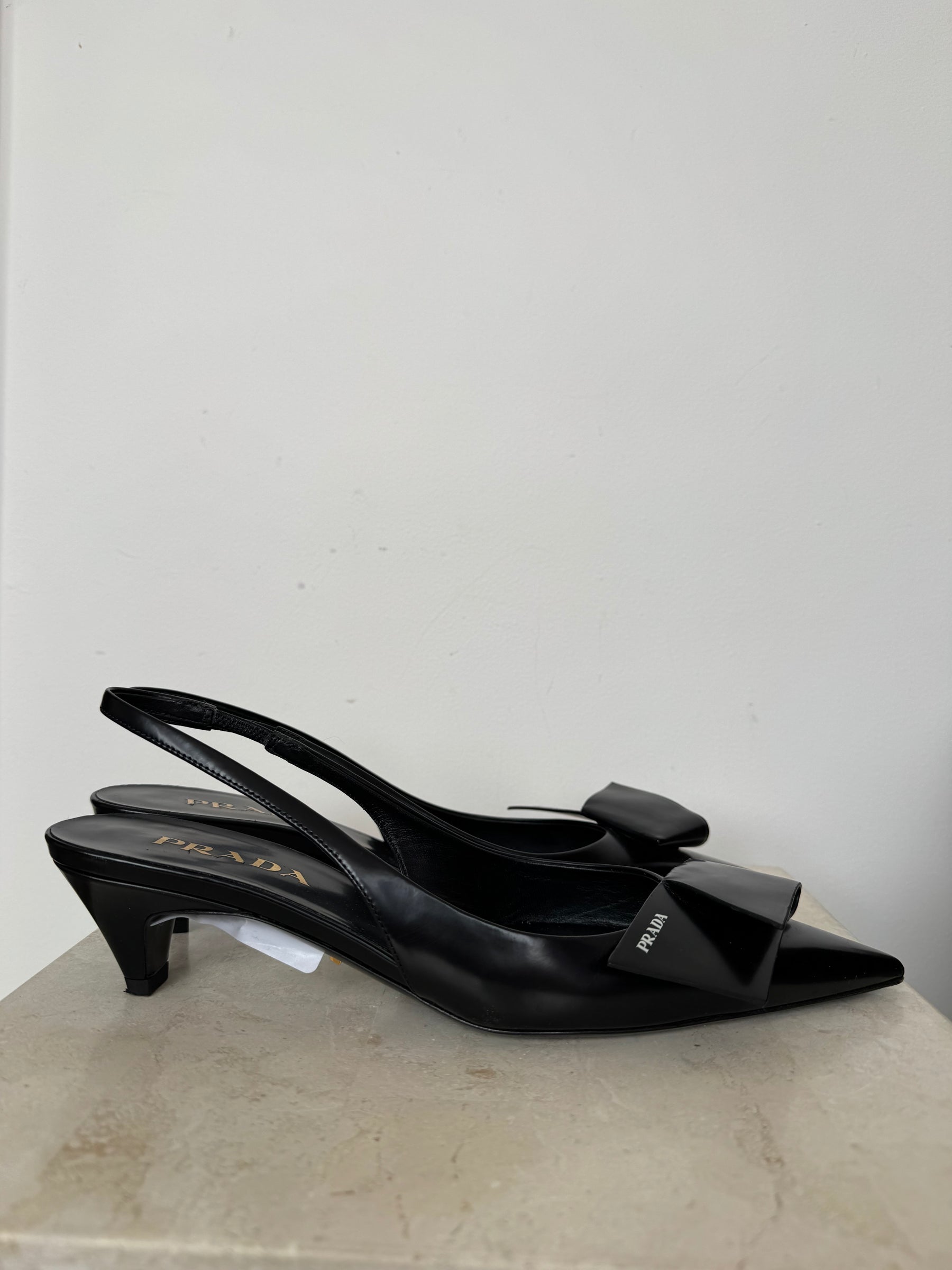 Prada Black Crushed Leather Geometric Slingbacks, 38
