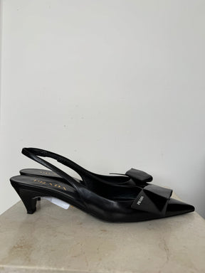 Prada Black Crushed Leather Geometric Slingbacks, 38