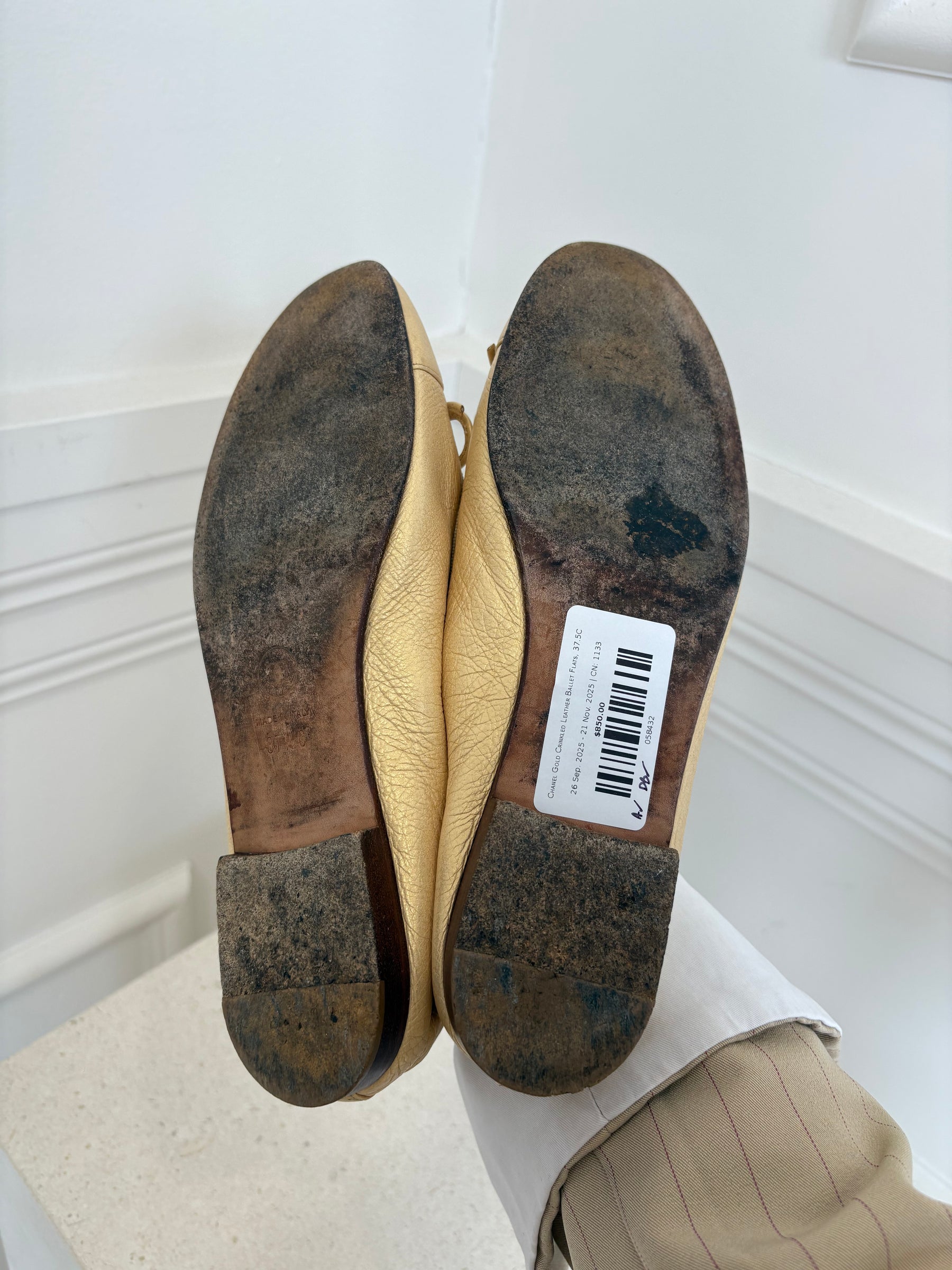 Chanel Gold Crinkled Leather Ballet Flats, 37.5C