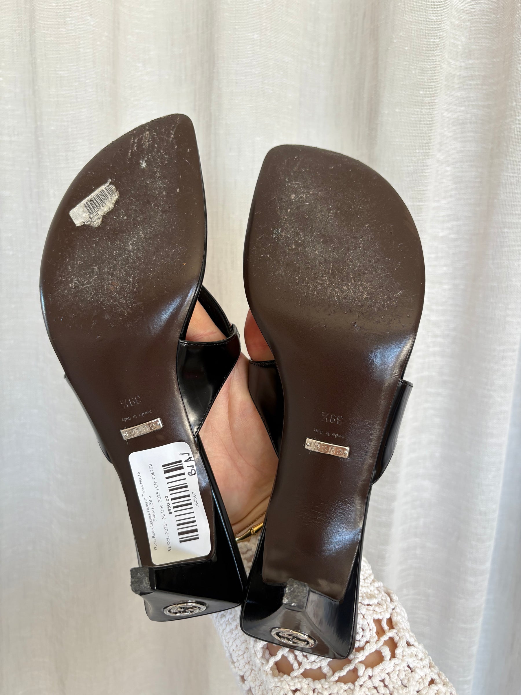 Gucci Black Leather Horsebit Thong Heeled Sandals, 39.5