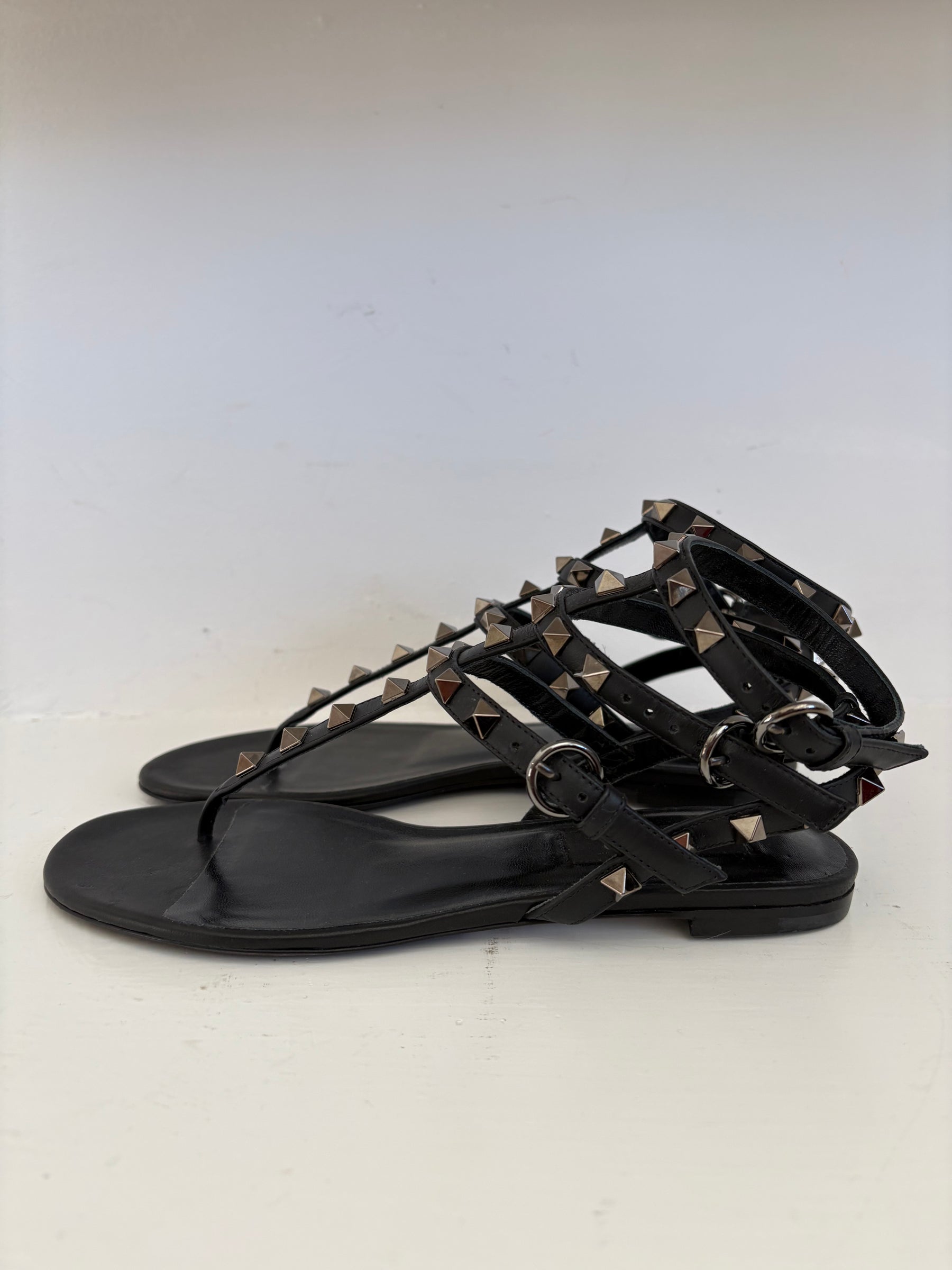 Valentino Garavani Black Leather Rockstud Caged Sandals, 36.5 C