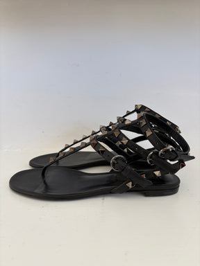 Valentino Garavani Black Leather Rockstud Caged Sandals, 36.5 C