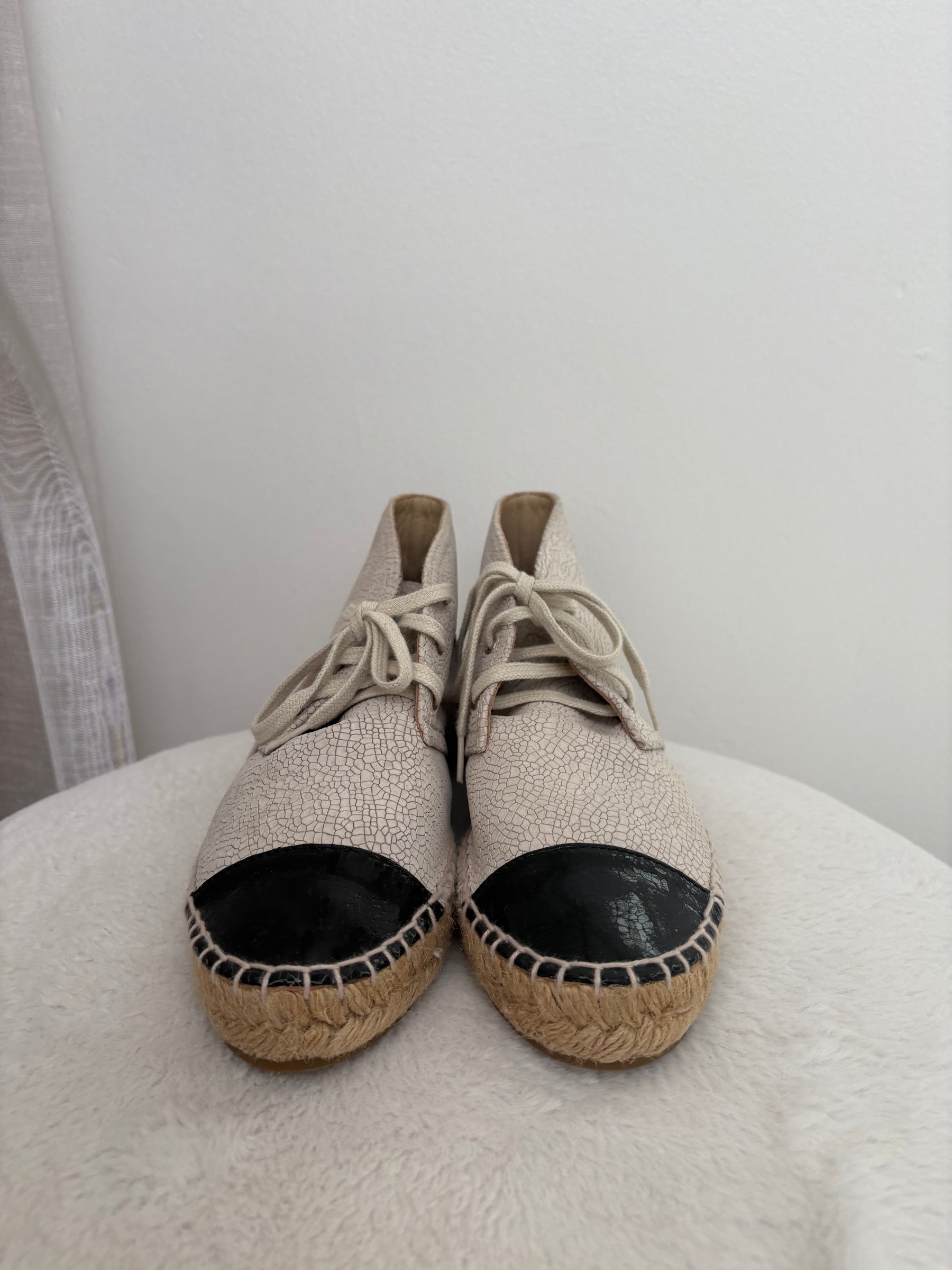 Chanel Ecru Lace Up Espedrilles With Pantent Toes, 37