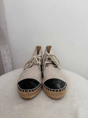 Chanel Ecru Lace Up Espedrilles With Pantent Toes, 37