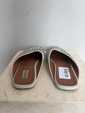 Alaïa White Leather Crystal Slides, 39